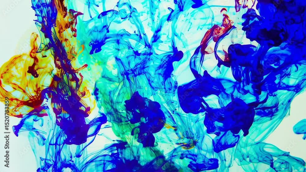 Poster blue and red ink swirling in water creating abstract patterns and mesmerizing visuals