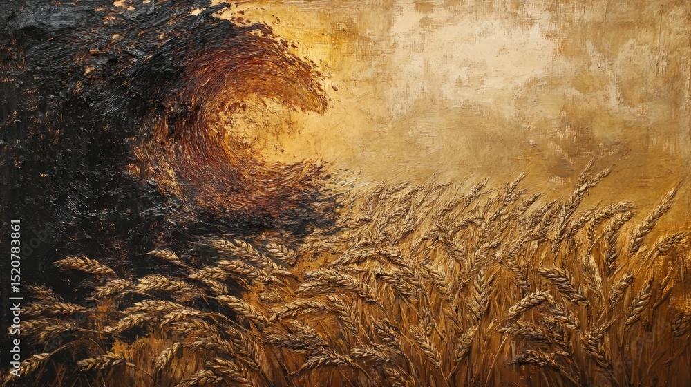 Poster wheat field and dark trees under a bright sky in an impressionistic style.