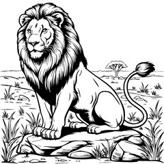 Majestic Lion Sitting on Rock in African Savannah Landscape