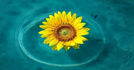 A vibrant sunflower floating on calm turquoise water, surrounded by ripples and reflections - Powered by Adobe
