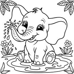 Cute Baby Elephant Spraying Water Joyfully in Nature Scene