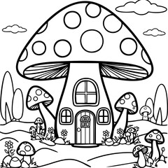 Fantasy Mushroom House with Trees and Flowers