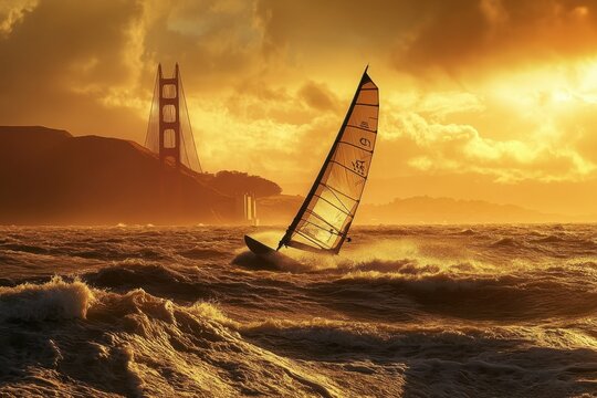 Windsurfing in San Francisco Bay during a vibrant sunset with Golden Gate Bridge in the background, Windsurfing on San Francisco Bay