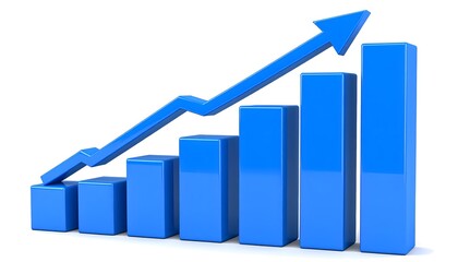 3D bar graph in blue tones with arrow line growth trend, isolated on white, modern economic chart design