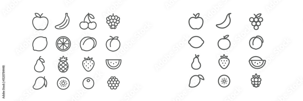Poster fruit illustrations arranged in a grid showcasing various types of fruits with a simple black and wh