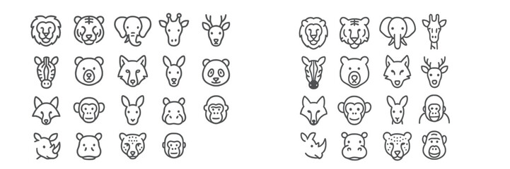 Various animal faces in simplistic line art displayed on a neutral background in a creative and playful arrangement