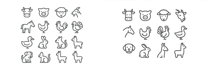 Farm animal icons arranged in a grid, featuring various domestic animals and pets in simple line art style