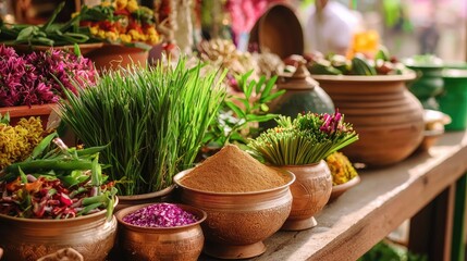Vibrant Display of Fresh Spices and Herbs at Local Market