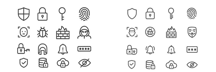 Various security and privacy icons depicting digital protection and online safety measures for modern technology
