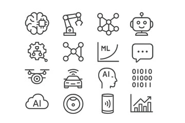 Technology icons illustrating advancements in artificial intelligence, machine learning, robotics, and data analytics today