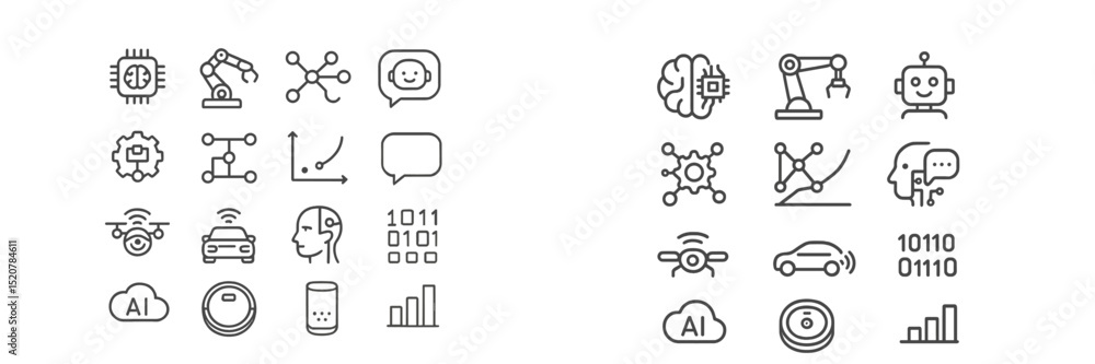 Poster icons representing artificial intelligence and automation technologies in modern industry and resear