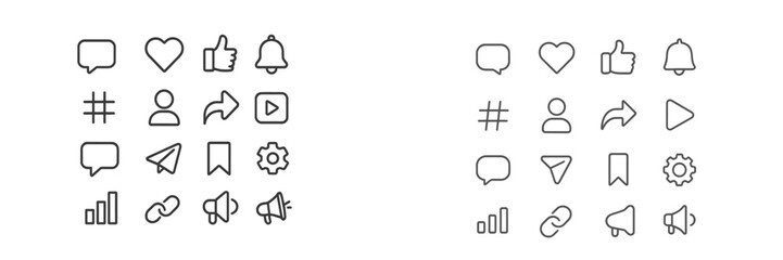 Collection of minimalist social media icons arranged in a grid pattern showcasing various functionalities and expressions