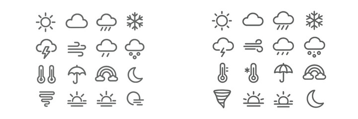 Weather icons collection depicting various atmospheric conditions including sun, rain, snow, clouds, and storms