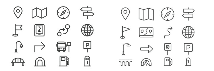 Collection of navigation and map icons created in a minimalistic style for digital applications and web design use