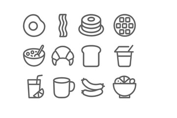 Breakfast foods displayed in various forms including fruits, cereals, and baked items in a minimalistic style