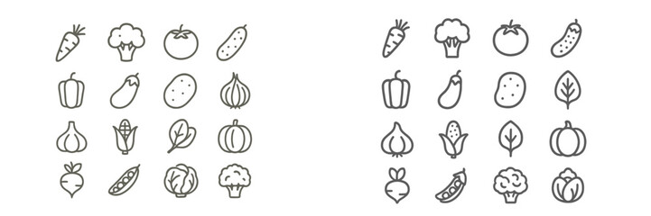 Variety of hand-drawn vegetables arranged in a grid showcasing healthy eating options