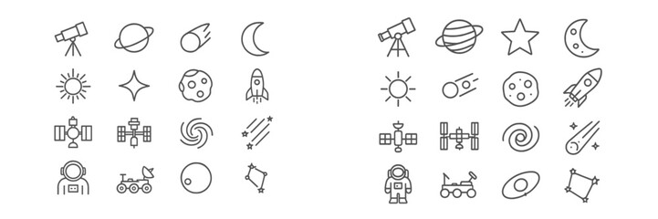 Space-themed line art with various celestial objects, rockets, and astronomical tools on a light background
