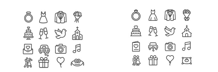 Wedding icons represented in simple line art showcasing love, celebration, and togetherness in various wedding elements