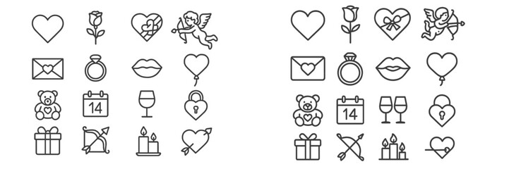 Valentine's Day themed icons featuring hearts, roses, and gifts in a simple, modern style