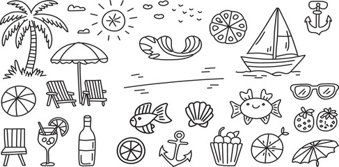 Tropical Summer Beach Icon Collection – Hand Drawn Doodle Set