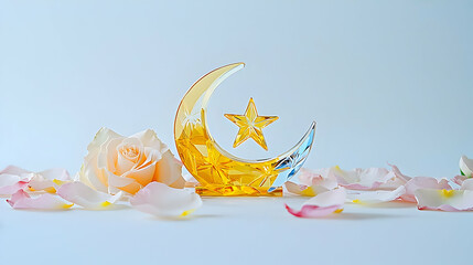 Ornamental Gold Crescent Moon And Star Decorated With Pink Petals