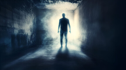 A blurred figure in a dark room, with light peeking through cracks in the walls, symbolizing the struggle for clarity and understanding