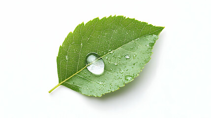 Closeup Of Wet Green Leaf With Water Droplets On White Background