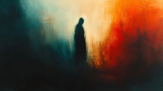 A blurred figure in a dark room, with light peeking through cracks in the walls, symbolizing the struggle for clarity and understanding