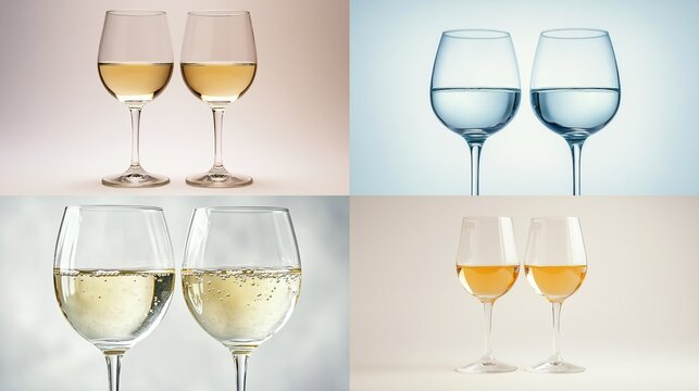 Four wine glasses, two pairs, showing different liquids
