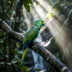 Luminous Parrot Amidst Sunlit Rainforest Falls