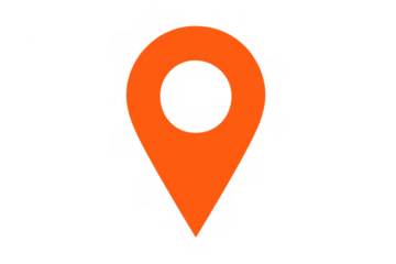 Orange map pointer marking specific geographical location, pinpointing exact spot against transparent backdrop