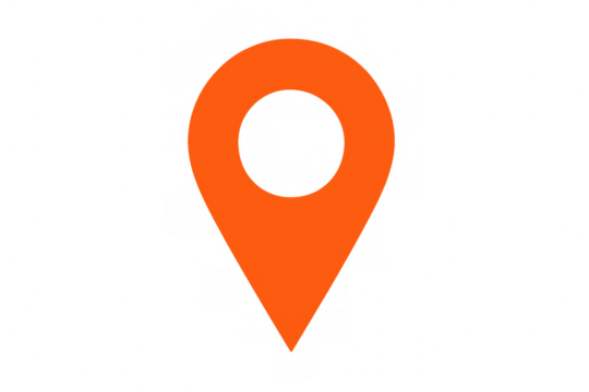 Orange map pointer marking specific geographical location, pinpointing exact spot against transparent backdrop