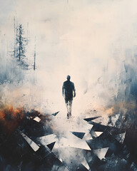 Obraz premium A blurred, fragmented figure walking away from a shattered landscape, symbolizing the departure from clarity and the uncertainty of modern existence