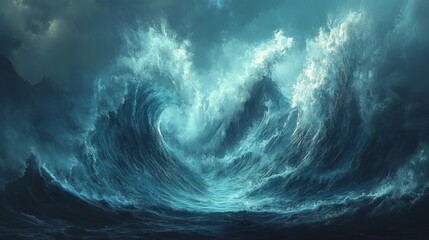 Large wave crests and breaks in the ocean under a cloudy sky.