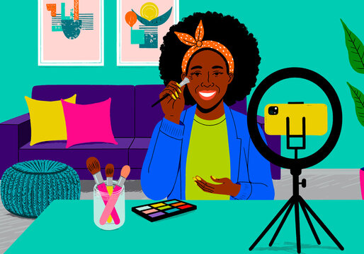 Illustration of an influencer doing a makeup tutorial in a colorful living room