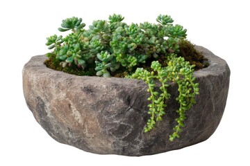Sedum pachyphyllum in stone pot still life isolated on white background