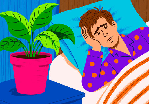 Illustration of a person in bed with insomnia and anxiety
