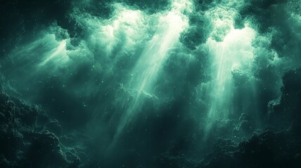 Majestic underwater light rays piercing through dark ocean depths, creating a serene and captivating atmosphere for nature and marine-themed projects.