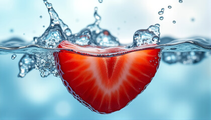 Strawberry Splashing into Water with Ice Cubes &ndash; Refreshing Summer Concept