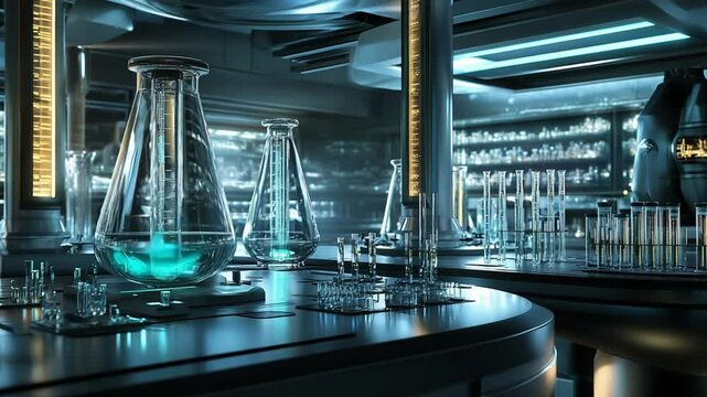 Futuristic laboratory interior with advanced scientific equipment and vibrant blue liquid