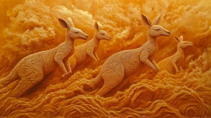 Kangaroos in a field with a blurred background in warm yellow and orange tones.