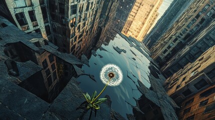 Dandelion growing between tall buildings reaching for sunlight urban environment.