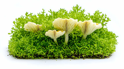 Small Mushrooms Growing On A Patch Of Green Moss