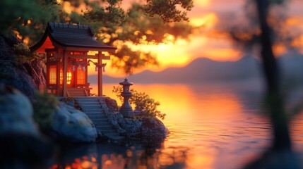 Japanese style building near water with sunset sky and mountain background.