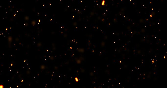 
Realistic surreal ember fire dust slowly rising up on black bg 4K. Grunge dark fire sparks flying isolated. Overlay spark tiny flake burning animation. Hell rising burst inferno. Fire burst dust move