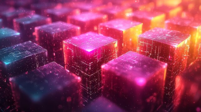 Vibrant abstract cubes illuminated in neon colors, creating a dynamic digital landscape, perfect for technology and innovation themes.