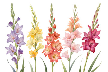 gladiolus flower stalks in multiple colors - beautiful floral display isolated on transparent background