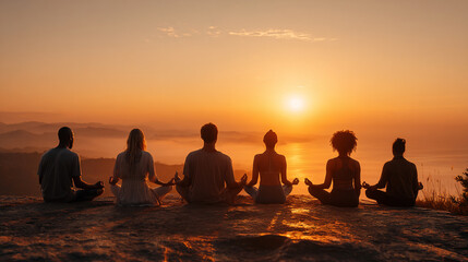 Group Meditation at Sunset: Serenity, Balance, and Inner Peace in Scenic Nature