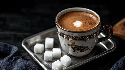 Elegant Coffee Cup With Heart Shaped Foam Design On Dark Background