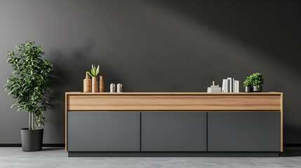 Dark Gray Cabinet With Wooden Top And Green Plant In Modern Interior Design